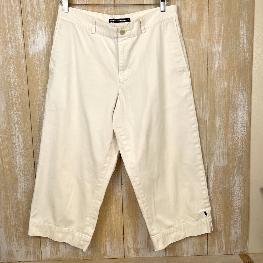 Ralph Lauren Sport Pants Women's Sz 12 White Chino Cropped Relaxed Wide Leg 90s